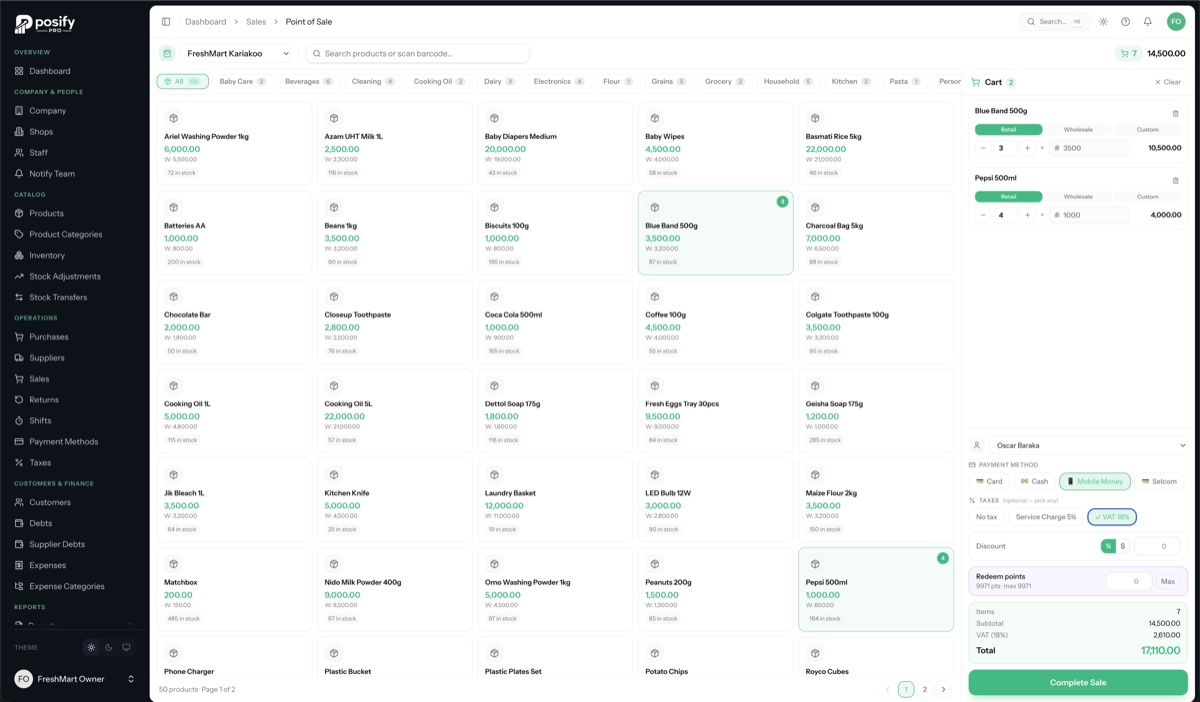 POSify Pro web point of sale — product grid and live cart